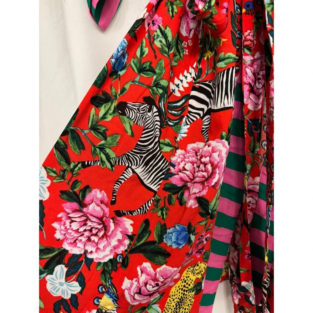 Room Service XL Kimono Robe Womens Red Jungle Animal Floral Striped Trim